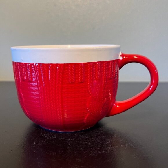 MSRF DESIGN STUDIO Embossed Red Cable Knit Sweater Textured Ceramic Mug / Bowl - Picture 2 of 13